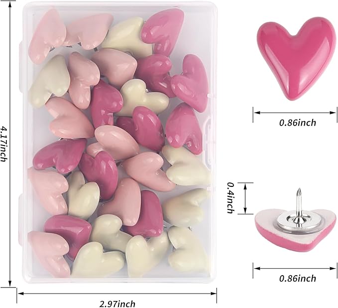 30pcs Heart Push Pins, Decorative Push Pin Pink Cute for Bulletin Fun Push Pins Thumb Tacks Decorative for Photo Wall, Feature Wall,Map, Bulletin Board, Office or Home