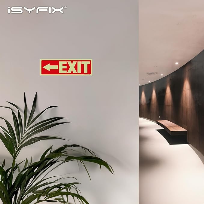iSYFIX Exit Stickers Signs with Directional Left Arrow 12 Pack 12x4 Inch - Glow in the Dark Photoluminescent Vinyl for Office, School, Business, Warehouse - UV & Weather Resistant for Indoor/Outdoor Use