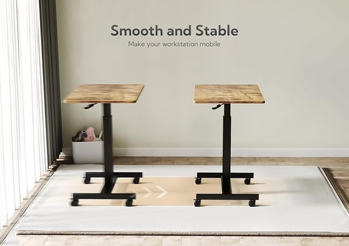 YDN Mobile Mobile Standing Desk with Lockable Wheels, Adjustable Height Portable Laptop Desk, 25.5" x 18.8" Rolling Desk with Hook for Computer Workstation, Rustic Brown