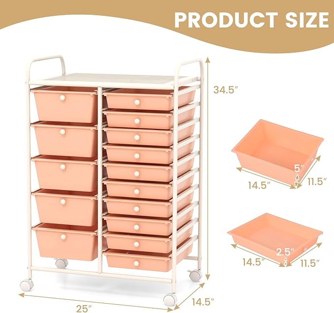 LDAILY 15 Drawer Rolling Storage Cart, Rolling Cart with Drawers for Classroom, Art Supply Craft Organizer on Wheel with Metal Frame & Handles for Home Office School