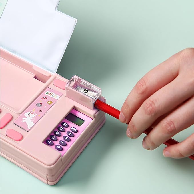Ristpal Pop Up Multifunction Pencil Case, Cute Cartoon Pen Box Organizer Stationery with Calculators, Sharpener, Schedule, School Supplies, Best Birthday Gifts for Kids Teens (Pink)