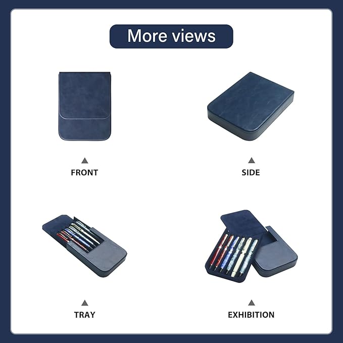 MIVLXLX Leather 6 Fountain Pen/Pencil Tray Case, Handmade, Magnetic Closure with Drawer Design, Gift Choice for Man/Woman/Office, 6 Slots（blue）
