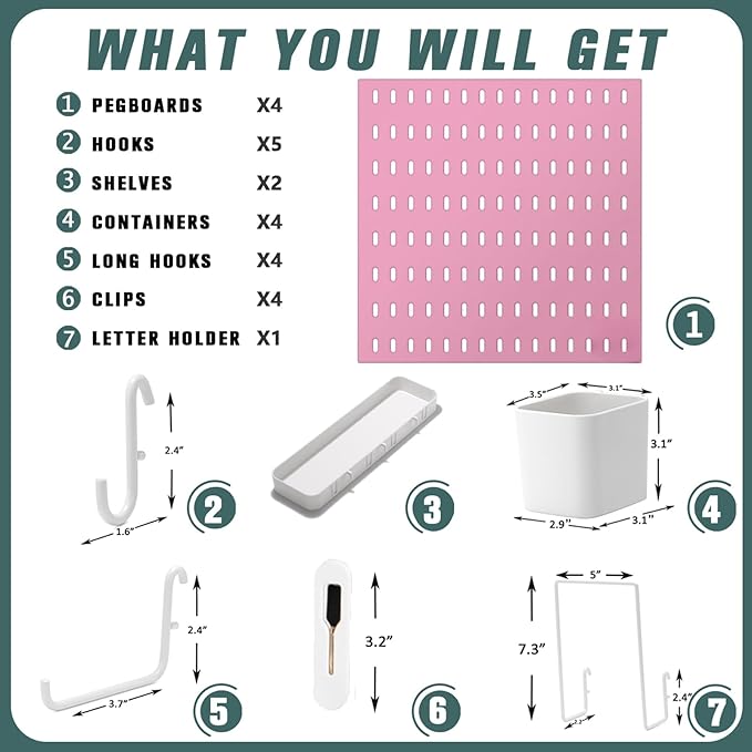 MULSAME Pegboard Combination Kit, 25.2" x 25.2" Wall Mounted Storage Set with 4 Pegboards & 20 Accessories Hanging, Peg Boards Organizer
