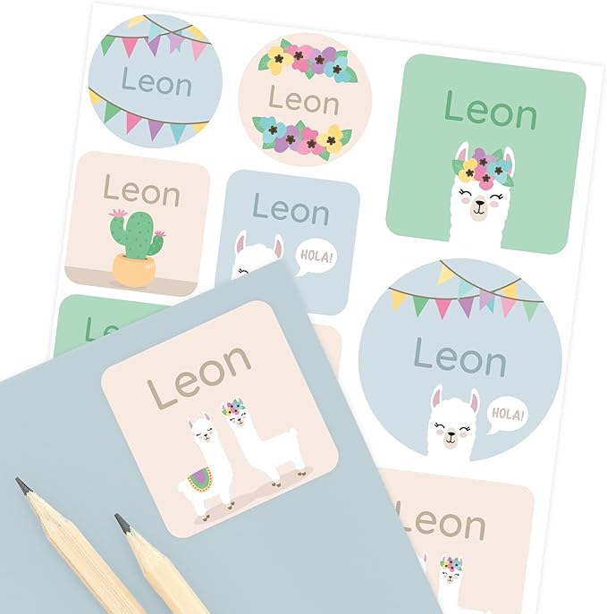 Large Name Labels for Kids (33) - Custom Stickers for Daycare and School Supplies - Durable, Waterproof Stickers for Water Bottles, Lunch Boxes, and More with Unique Designs - Llama