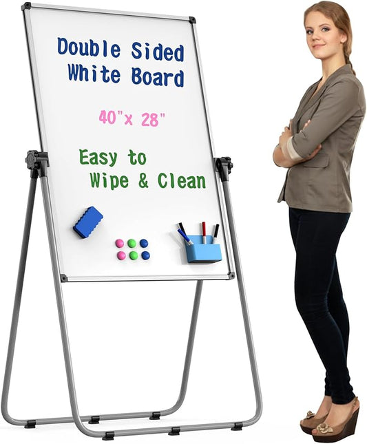 UIFER Double Sided White Board with Stand - 40x28 Portable Whiteboard Easel with Height Adjustable & 360° Rotation for Home Office Classroom, Standing Dry Erase Board for Presentation