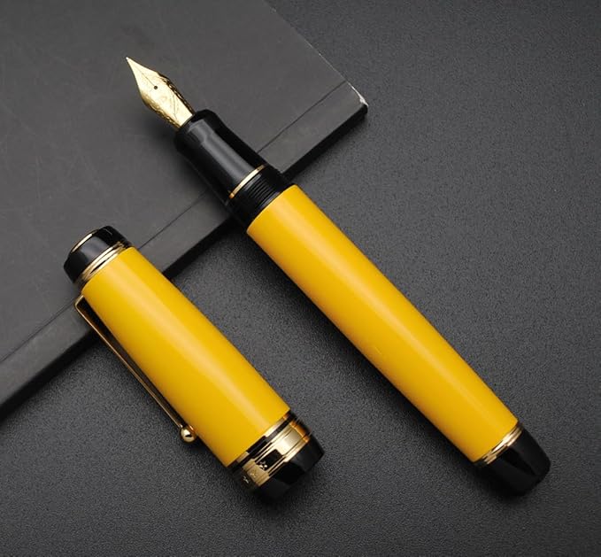 xixixiaozhu Metal Big Fountain Pen Set Medium Nib 0.7mm, Includes Ink Refill Converter, 5 Ink Cartridges & Gift Box (Medium Nib 0.7mm, Yellow)