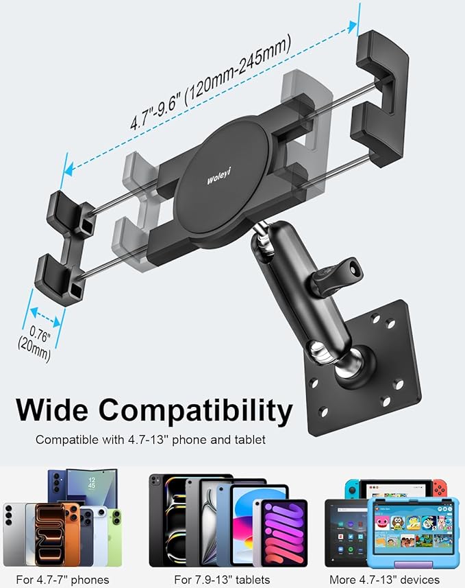 Small Tablet Wall Mount iPad Holder, Metal 360° Adjustable Stand, Multiple Hole Position, Alloy Base and Joint Arm, for iPad Pro Air Mini, Galaxy Tabs, Z Fold, Fire HD, Surface, iPhone, 4-13" Devices
