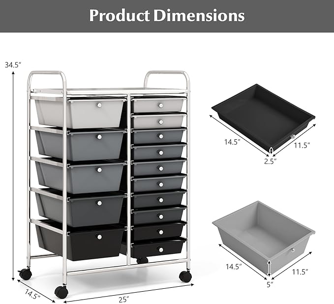 DORTALA 15-Drawer Rolling Storage Cart with Drawers, Rolling Utility Cart w/Removable Drawers & Universal Wheels, Tools Scrapbook Paper Organizer for School, Office, Home, Classroom (Gradient Black)
