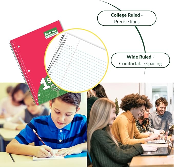 ECONAMA Subject Book Spiral Notebook Pack of 24 Wide Ruled 140 Pages (70 Sheets) 8" × 10.5" Perforated Carbon Neutral 3-Hole Punched Eco-Friendly School & Office Supply Assorted Colors