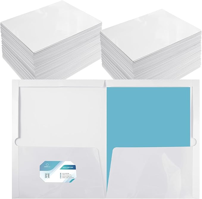 Yeaqee 200 Pack 2 Pockets Glossy Laminated Paper Folder First Day of School Presentation Folder Letter Size Two Pocket File Portfolio Holder Back to School Items Bulk for Teacher Office (White)