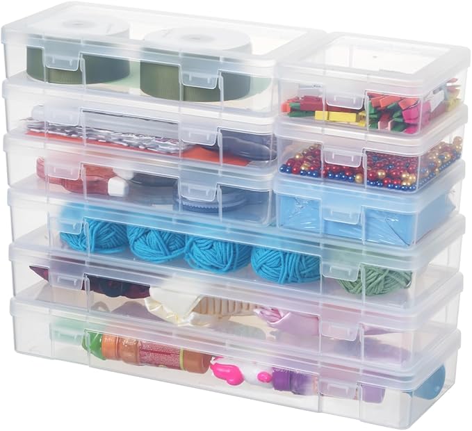 novelinks Stackable Plastic Clear Storage Box Containers with Latching Lid - Art Craft Supply Organizer Storage Containers for Pencil Box, Crayon, Beads (3 Small + 3 Medium + 3 Large -Clear)