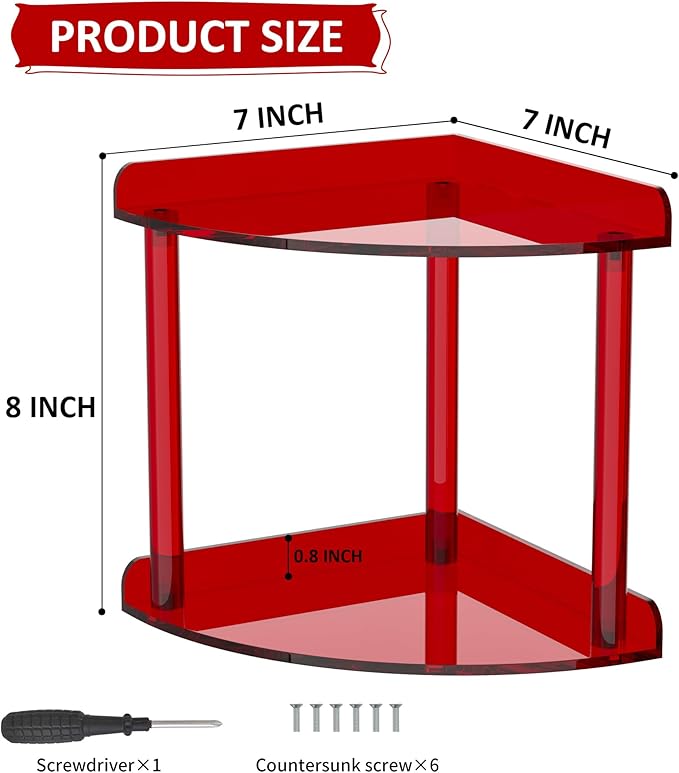 Sezanrpt 2 Tier Countertop Corner Organizer Shelf 7x7x8 Inch, Red Acrylic Bathroom Corner Shelf for Countertop, Vanity Storage for Skincare, Cosmetics, Perfume