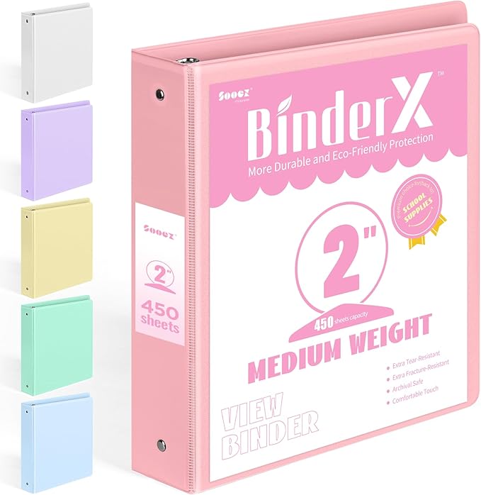 Sooez BinderX Extra Durable 3 Ring Binder, Round Ring 2 Inch Binders, Fits 450 Sheets of 8.5x11 Paper, Customizable View Cover with Inside Pockets, Cute 2" Binder, School Supplies for Girls, Pink