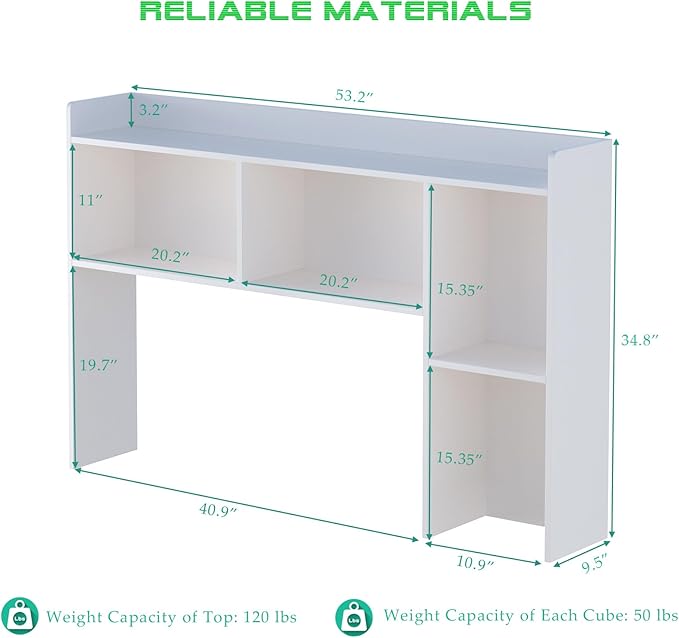 OSCHF Wooden Desktop Hutch Bookshelf - Free Standing Desk Storage Shelf with Top Edge for Computer Desk, Desktop Bookcase for Dorm, Home or Office, Countertop Organizer, White, 53.2"
