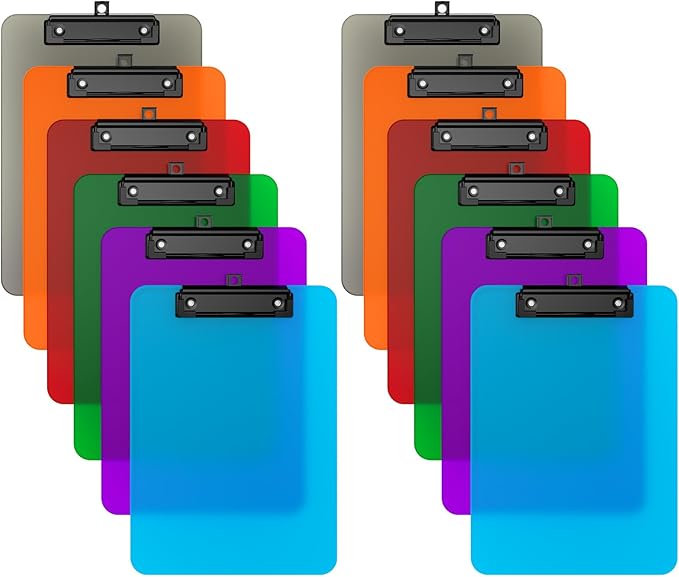 Zoenley A4 Plastic Clipboard Set of 12, Colorful 12.5 x 9 Letter Size for Classroom, Students, Teacher, Nurse, A4 Clear 8.5 x 11 Clip Board with Low Profile Black Clip, Office & School Supplies