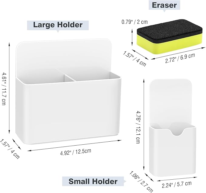 MoKo Magneitc Dry Erase Marker Holder Set, 3-Pack Magnetic Marker Pencil Holder Pen Organizer for Metal & Magnetic Surface, 1 Large with Divider & 2 Small Holders & 1 Dry Eraser, White