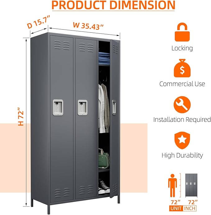 SUPEER Metal Employee Lockers with 3 Doors,Metal Locker with 9 Hooks for Office Gym Garage Home,Assembly Required,Dark Grey