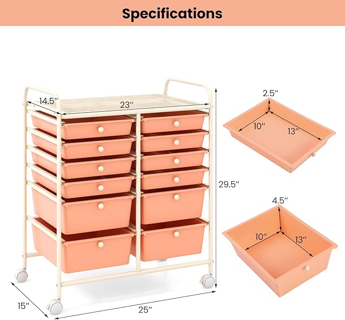 Giantex 12 Drawers Rolling Storage Cart, Classroom Organizers with Wheels for Tools Scrapbook Craft Paper Teacher Office School Supplies (Peach Fuzz)