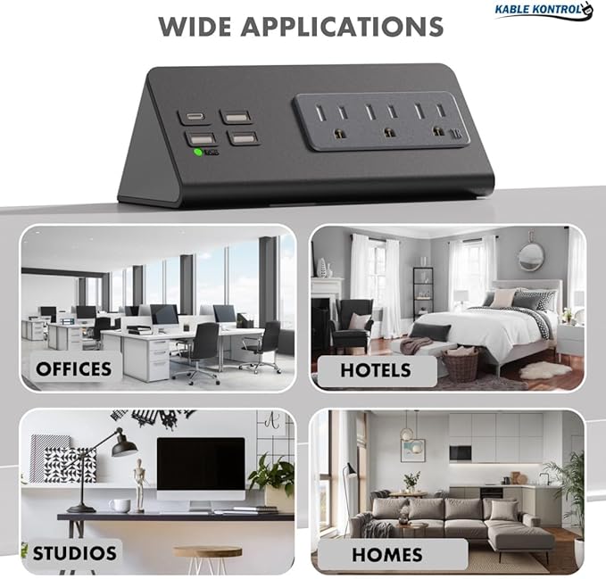 Kable Kontrol Desk Clamp Power Strip with USB-C Port, Nightstand Charging Station, 3 AC Outlets, 3 USB-A Ports, Fast Charger, Easy Installation for Home, Offices, Hotels – 4.9 Ft, White, 5 Pcs