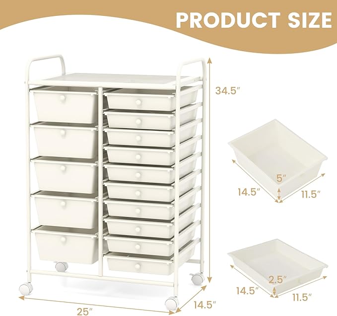 LDAILY 15 Drawer Rolling Storage Cart, Rolling Cart with Drawers for Classroom, Art Supply Craft Organizer on Wheel with Metal Frame & Handles for Home Office School