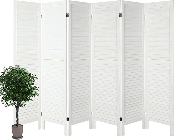 6 Panel Room Dividers and Folding Privacy Screens, Divider for Room Separation, Wood Louvered Divider Wall, Wooden Partition for Home Office Bedroom (White-Washed)
