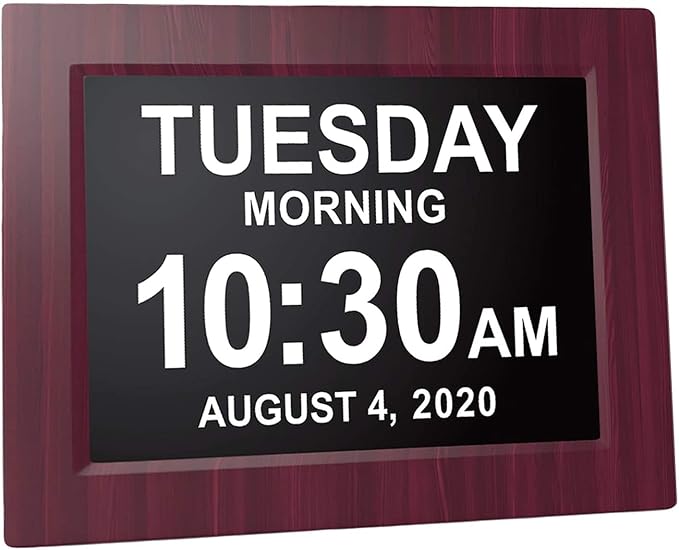 American Lifetime, New Version, Day Clock Extra Large Impaired Vision Digital Clock with Battery Backup and 5 Alarm Options, Premium Mahogany Color, 8 inch