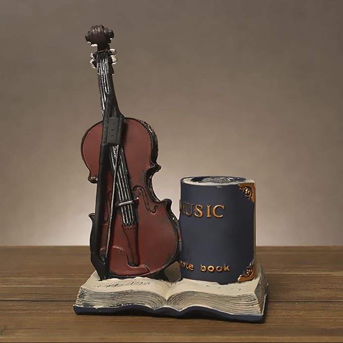 Jaugufiy Resin Violin Sculpture Pen Holder Pencil Holder Pen Organizer Cosmetic Brush Holder Decorative Pen Box Pen Pot Makeup Brush Pot (Blue)