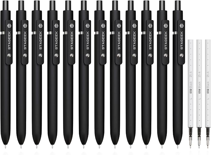 STAGEEK Black Gel Pens, 12Pcs Fine Point Smooth Writing Pens with 3 Extra Refills, Quick Dry Black Ink Pens for Journaling, Office, Note Taking, School Supplies, Nurse Aesthetic(Black)