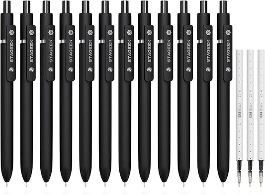 STAGEEK Black Gel Pens, 12Pcs Fine Point Smooth Writing Pens with 3 Extra Refills, Quick Dry Black Ink Pens for Journaling, Office, Note Taking, School Supplies, Nurse Aesthetic(Black)