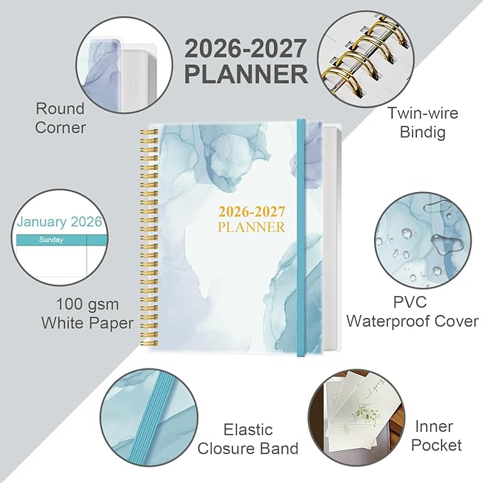 2026-2027 Planner - 18 Months Weekly & Monthly Planner from January 2026 - June 2027, Planners 2026-2027 with Elastic Closure, Inner Pocket, 8.5" x 11", Blue WaterColor