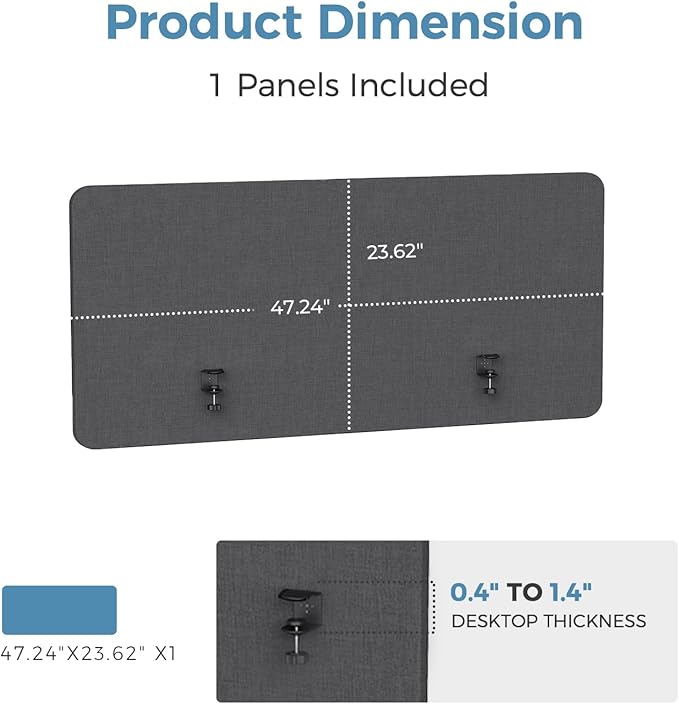 MORDEER 47.2" Privacy Desk Divider Panel, Acoustic Divider Panels for Office, Clamp-on Cubicle Office Room Dividers, Easy Assemble, Dark Grey