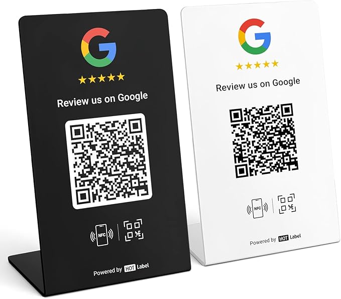 Hotlabel Review Stand 2-Pack + Black & White + for Boosting Google Reviews + NFC Tap & QR Code + Share 1 Independent Link (Supports 1 Store) + All Phones Compatible + No App/Subscription