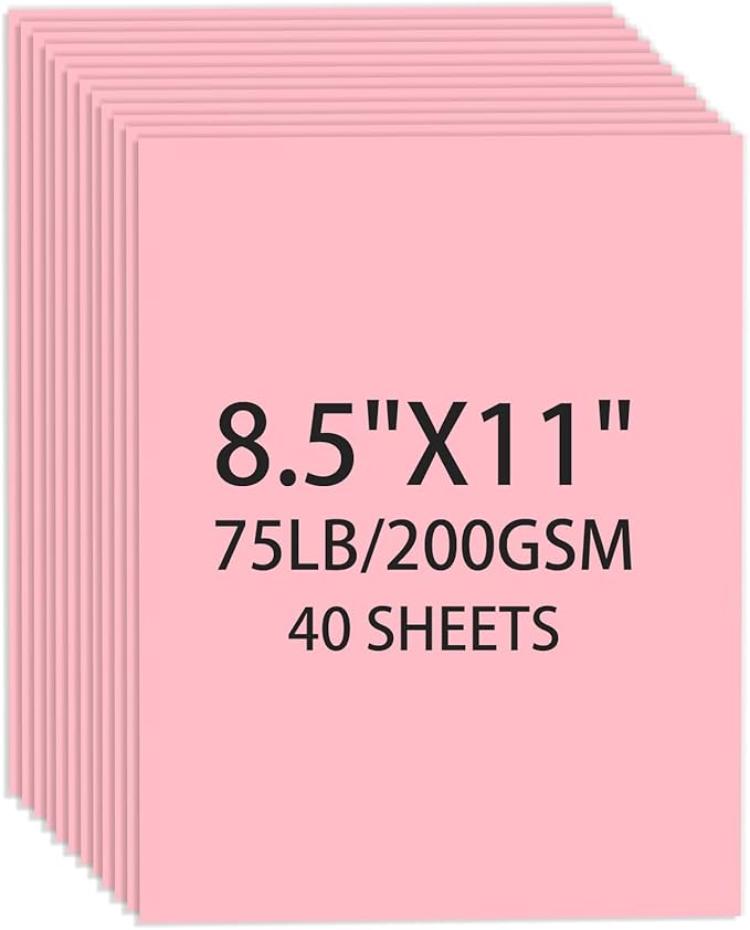 Cardstock 8.5 X 11, 40 Sheets, Pink Card Stock, 75lb/ 200gsm Copy Paper, Cardstock Printer Paper For Art, Drawing, Invitations, DIY Cards, Craft, Construction, School & Office Supplies
