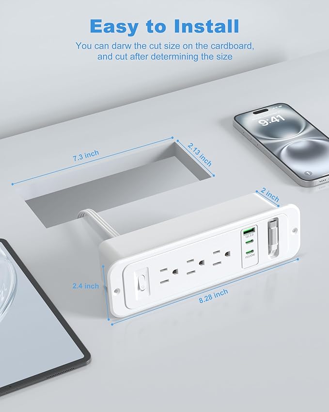 Recessed Power Strip with Retractable USB C Cable,2 PD 20W USB C,Flush Mount Countertop Drawer Outlet, Furniture Hidden Outlet for Side Table,End Table,3 Outlets (White, 6FT-20W USB)