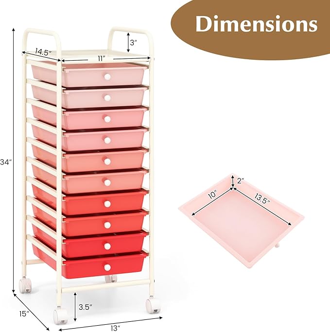 GLACER 10 Drawers Rolling Cart, Storage Cart with w/Removable Drawers & Steel Frame, Utility Mobile Trolley w/Universal Casters & 2 Brakes, Organizer Cart for Home, School, Office (Gradient Pink)