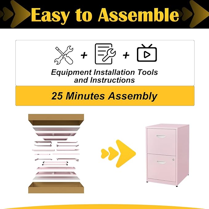 SteeLoong 2 Drawer File Cabinet with Lock,Pink Metal Office Drawers Filing Cabinets for Home Office, Two Drawer Under Desk File Cabinet for Hanging Letter,Easy Assemble | with Lock, Office Drawers, Filing Cabinets, Two Drawer, Under Desk, for Hanging L...