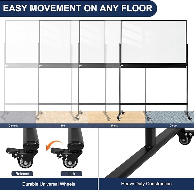 TSJ-OFFICE Rolling Clear-Glass Whiteboard on Wheels - 48" x 32" Mobile Dry Erase Board with Stand, Large Rolling White Board with 25 Sheets Paper Pad, Transparent Tempered Glass Board for Home Office