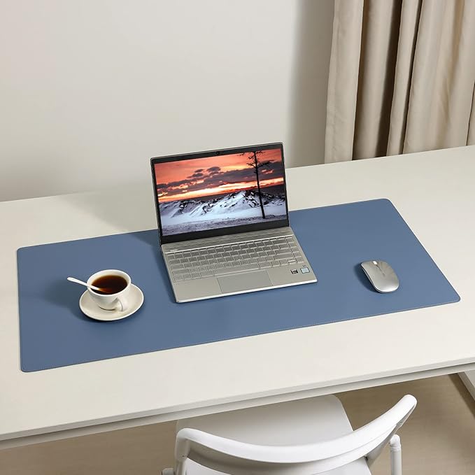 Wolaile Faux Leather Desk Pad Blotter,Water and Slip Resistant Writing Desk Protector Mat,Blue Large Mouse Pad for Desktop/Office Home Table Cover,36x17 in