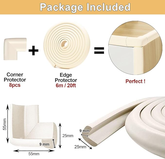 Baby Proof Corners and Edges Protector 20ft Edge+8 Corner Guard, Fireplace Baby Proofing Bumper, Heavy-Duty Soft NBR Foam Edge Corner Protector for Furniture Table, Childsafe/Pre-Taped White