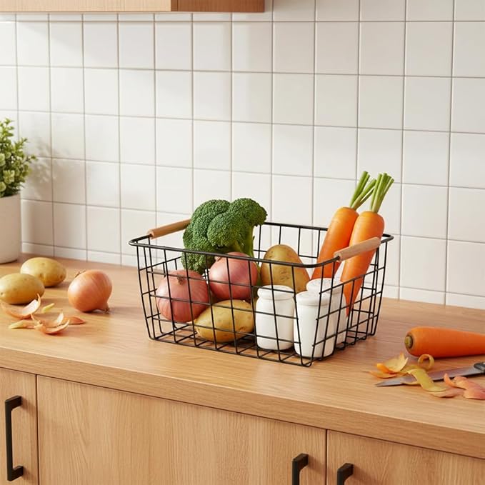 HDYOUDO Metal Black Wire Basket,Food Storage Organizer with Wooden Handles, pantry organizers and storage for Kitchen shelf Cabinets potato onion, 2 Packs