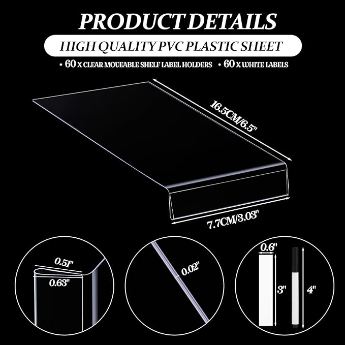 Containlol 60 Sets Moveable Shelf Label Display Holders with Label Inserts and Marker Clear Shelves Tag Plastic Shelf Markers Teachers Gift for Classroom Office Book Shelves(6.5 x 3 x 0.63 Inch)