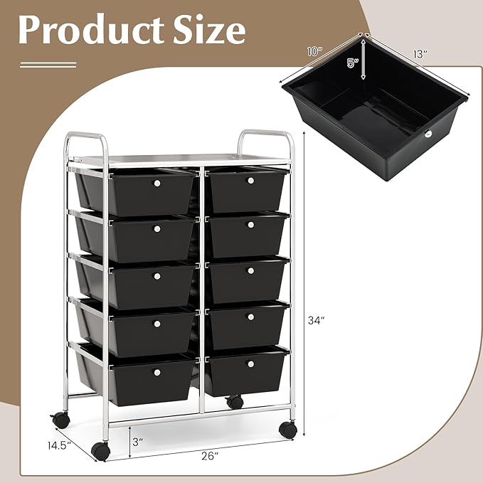 GOFLAME 10-Drawer Rolling Storage Cart, Art Craft Storage Organizer on Wheels, Multipurpose Movable Utility Cart for School, Office and Home, Black