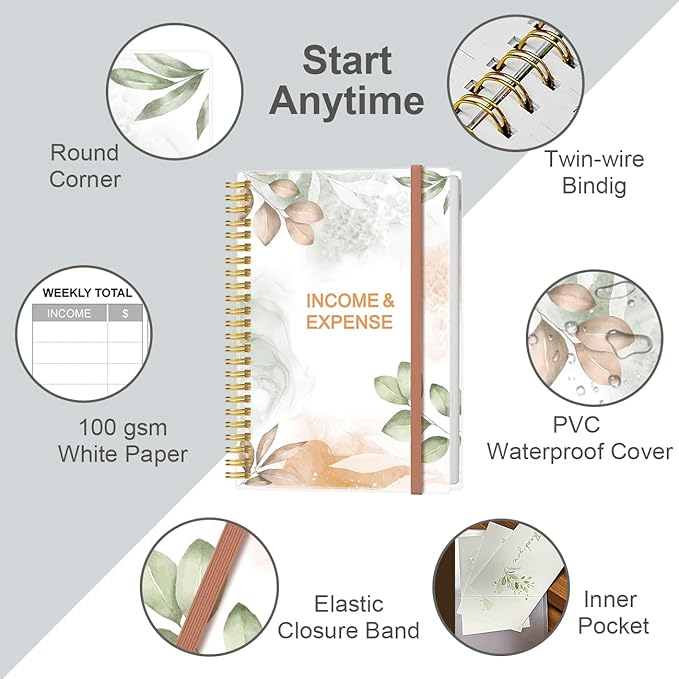 Heveboik Income & Expense Log Book - A5 Income and Expense Tracker for Small Business, Accounting Bookkeeping Tracking for Woman and Man, 5.8" x 8.3", Rose Leaf