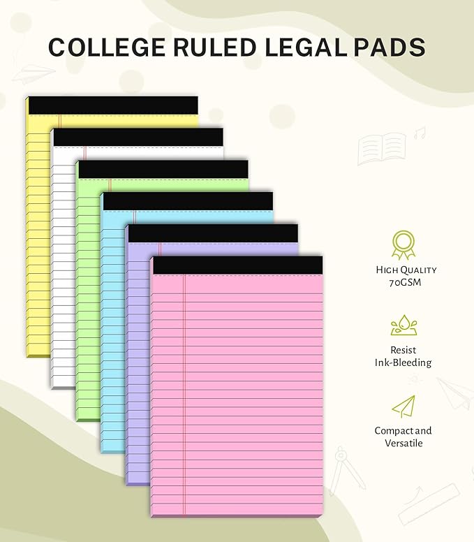 36 Pack Note Pads 5x8, Narrow Ruled Legal Pad, Multicolor Small Writing Pads, 30 Sheet/notepad,Colored Legal Pads, Pink Lined Notepad, Purple Notepads, Perforated Lined Note Pads for Study,Office,Home