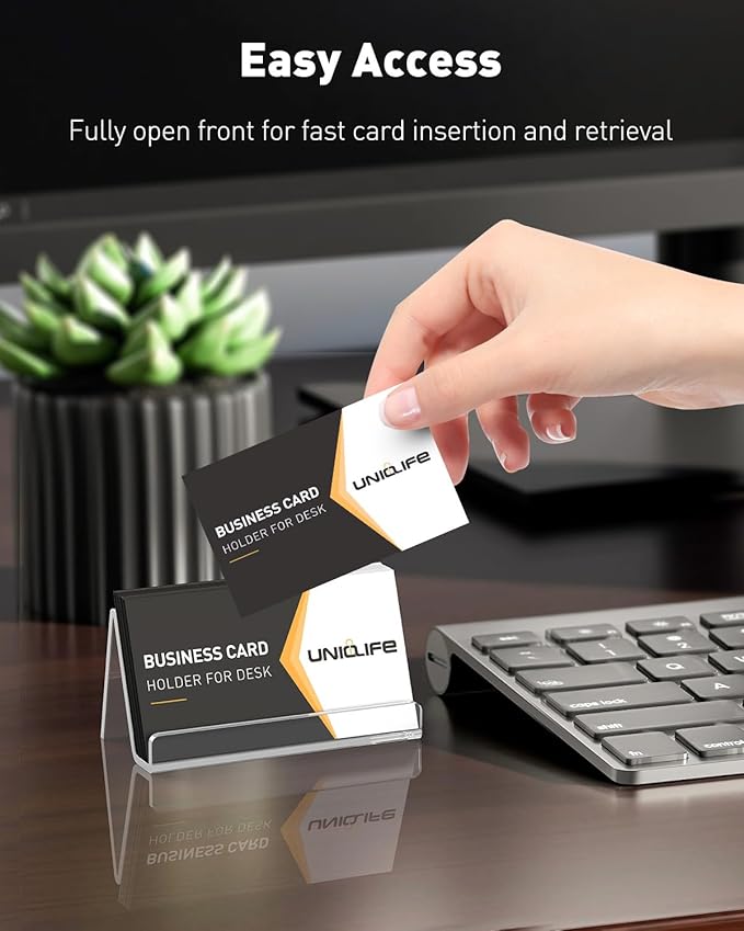 Uniclife 4 Pack Acrylic Business Card Holder for Desk, 3.5" x 1.9" x 2", Clear Horizontal Business Card Display Stand, Desktop Business Card Organizer for Office, Index Card Holder, 50 Card Capacity