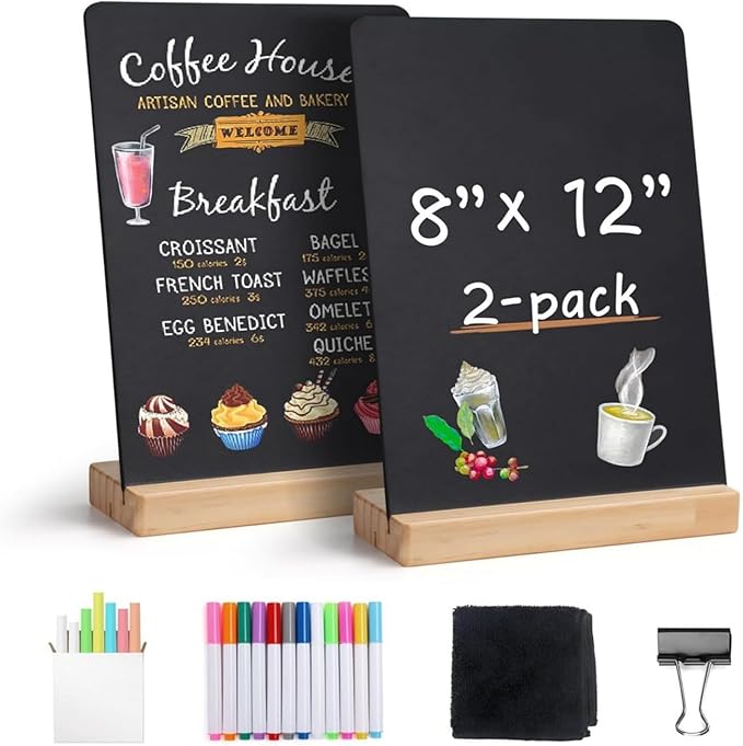 Double-Sided 8x12Inch Chalkboard with Wood Stand Erasable Memo Board for Home Office Classroom Decor & Daily Organization Desktop Chalkboard Set
