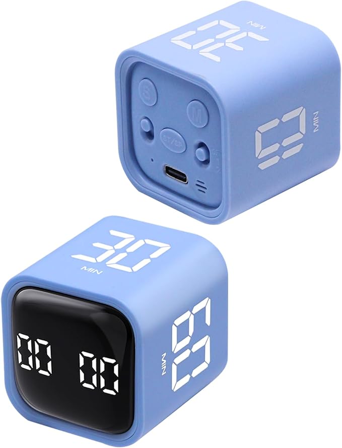 Productivity Timer Flip Gravity Sensor Cube Timer Countdown & Countup,Mute & Vibrate & Sound，5/10/30/60min & Custom Timing, Perfect for ADHD,Work,Learning,Kitchen Cooking (2 Blue)