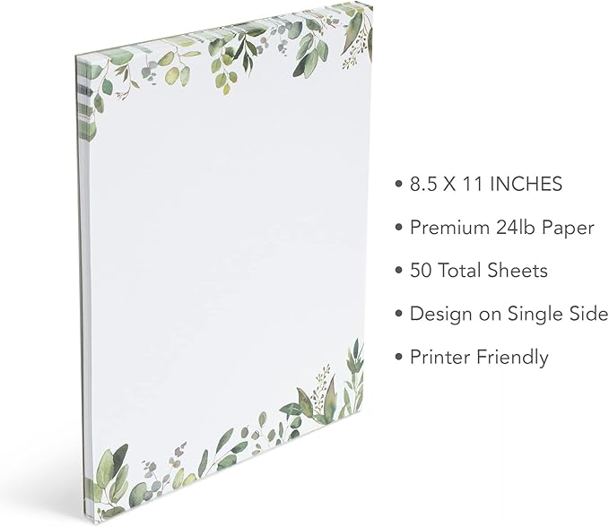 Leaf Theme Paper Stationery, Greenery Letterhead Paper 8.5 x 11 Inches, 50 Sheets, Elegant Writing Paper, Pretty Stationary Paper, Decorative Printer Paper