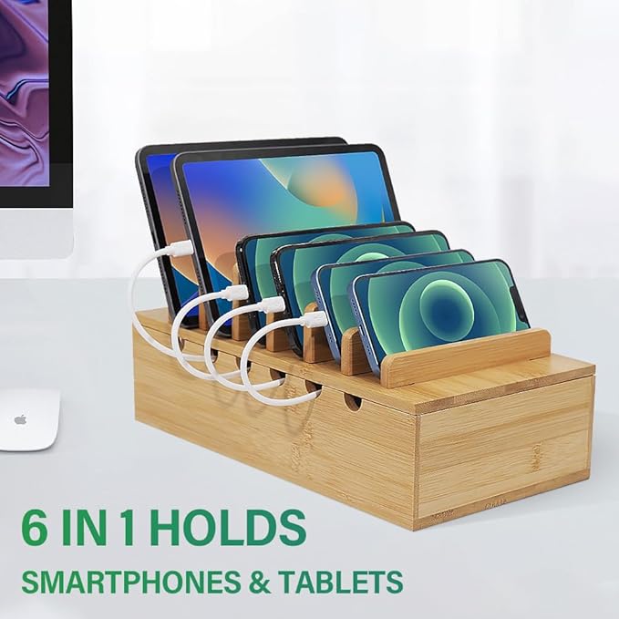LEOKKARR Bamboo Charging Station for Multiple Devices, Desk Docking Stations Organizer Compatible with iPhone Devices, Wood Charging Cell Phone Holder Stand (Includes 6 Cables) (NO Power Supply)