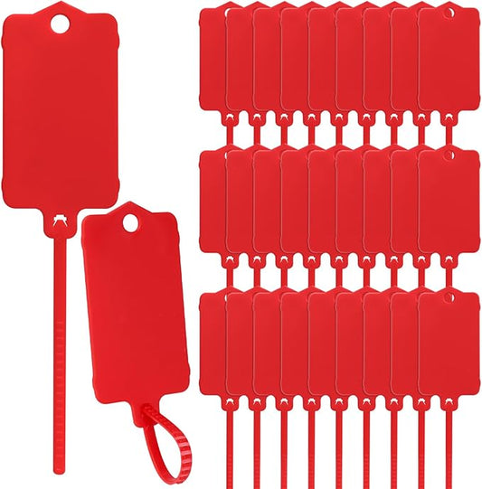 LeonBach 100 PCS Plastic Shipping Tags, 1.46" x 2.48", Waterproof Labels Writable Hanging Tag with Sealing Strap, Shipping Cable Tie Label Tags for Keys Luggage Logistic Retail Inventory(Red)